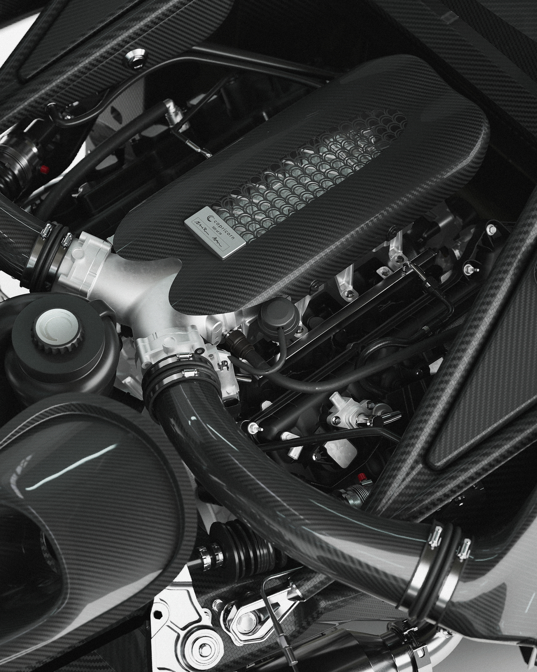 Close up shot of the engine component of the capricorn 01 zagato hypercar